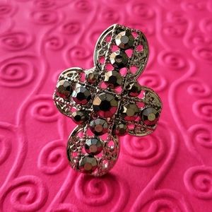 Joy of the Saints Silver Cross Black Crystal Gemstone Ring One Size Fits All